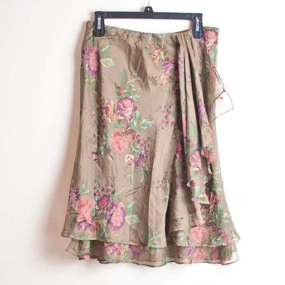 NWT Ralph Lauren Polyester Floral Midi Skirt in Earth Tones MP - Picture 1 of 9